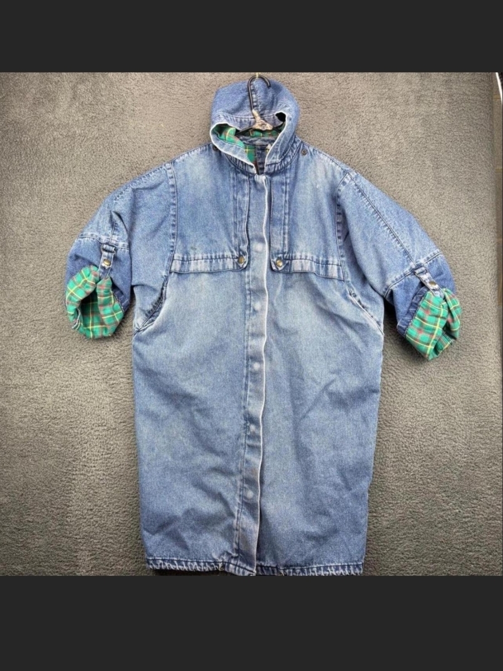 MJL&co Vintage  Men's Hooded Denim Coat with Green Plaid Lining